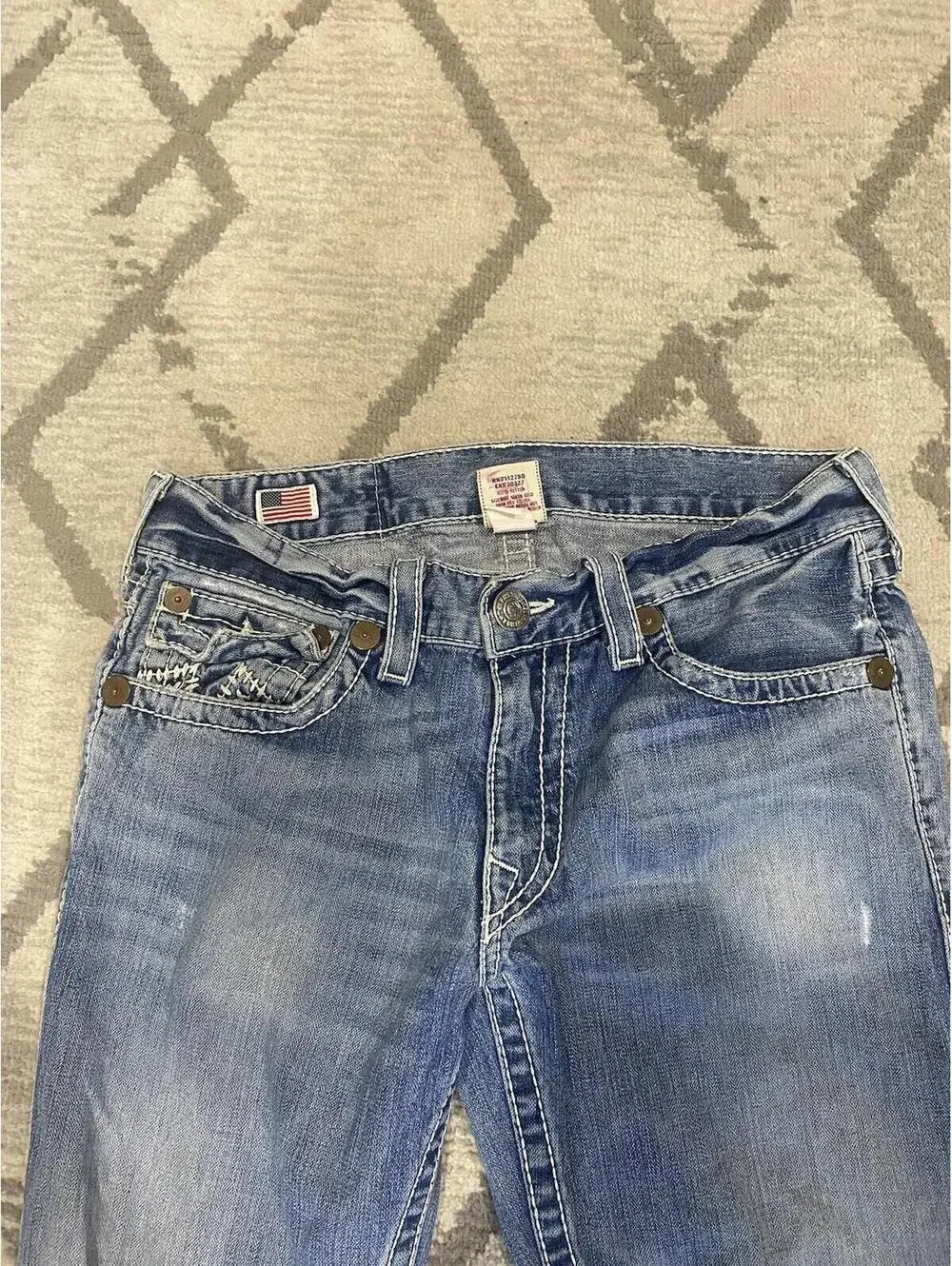 True Religion Mens Sz 33 Section Ricky Giant Big T Seat 34 Thick Stitch Jeans